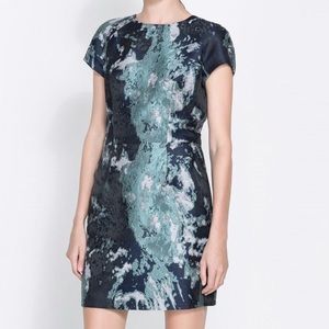 Zara Watercolor Print Navy Blue Aqua Jacquard Mini Cocktail Dress Small Size 4
